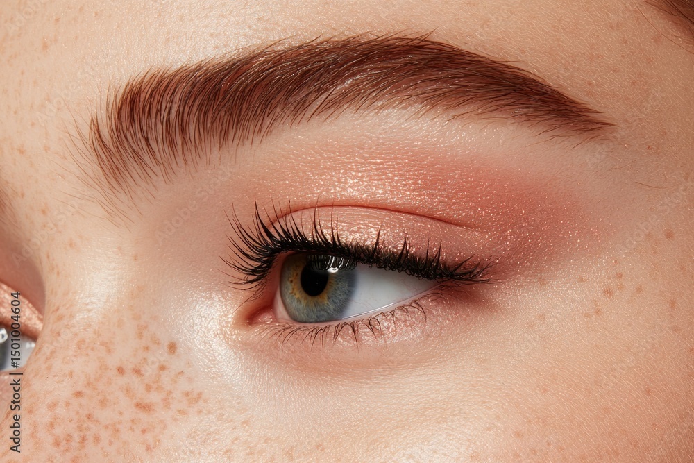 Fototapeta premium Close up of a beautiful woman eye with eye makeup eyelashes and freckles on a smooth skin