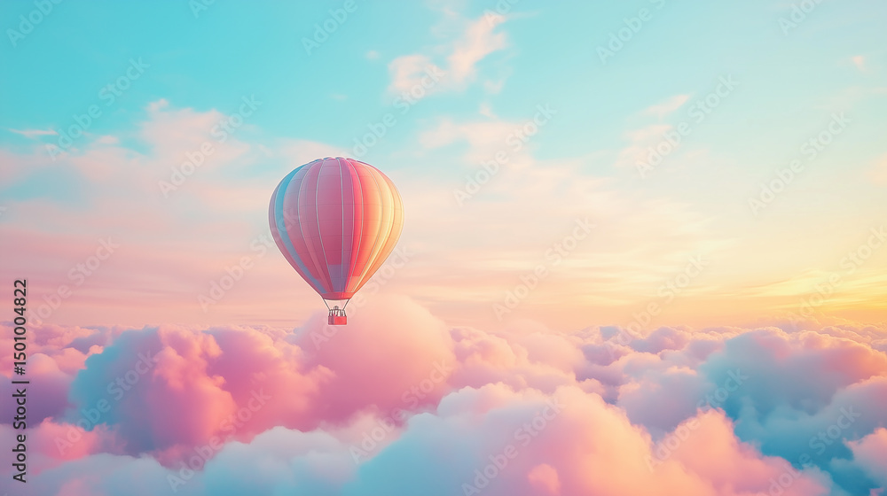 Naklejka premium Hot air balloon floating over clouds at colorful sunset sky