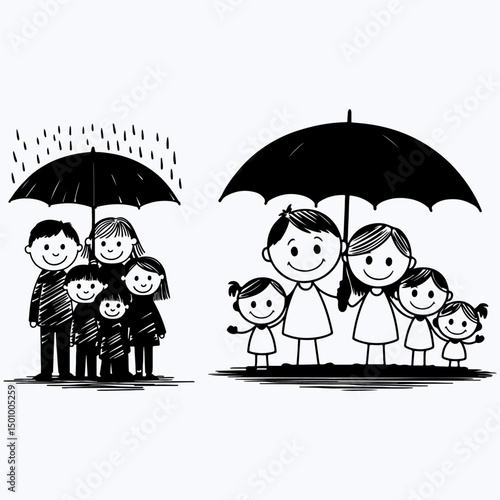 Cartoon happy family under an umbrella