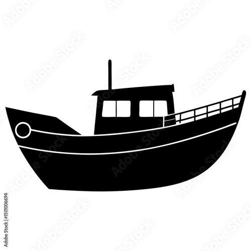 Simple Black Silhouette of a Small Motorboat