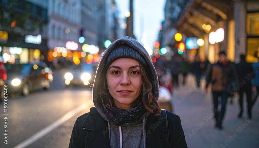 Fototapeta premium Woman in a hoodie stands on a busy city street with blurred lights