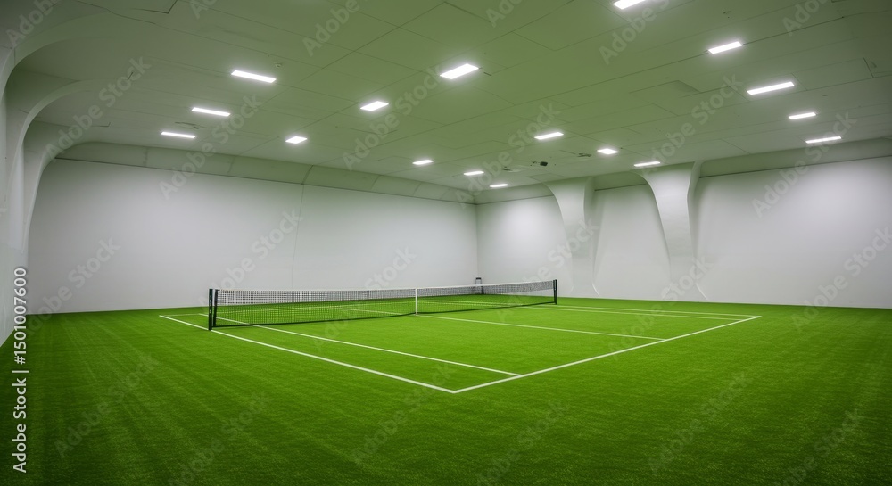 Obraz premium Indoor Tennis Court Artificial Grass Green Walls - Modern indoor tennis court, artificial turf, spacious, bright, clean. Symbolizing health, fitness, luxury, competition, recreation