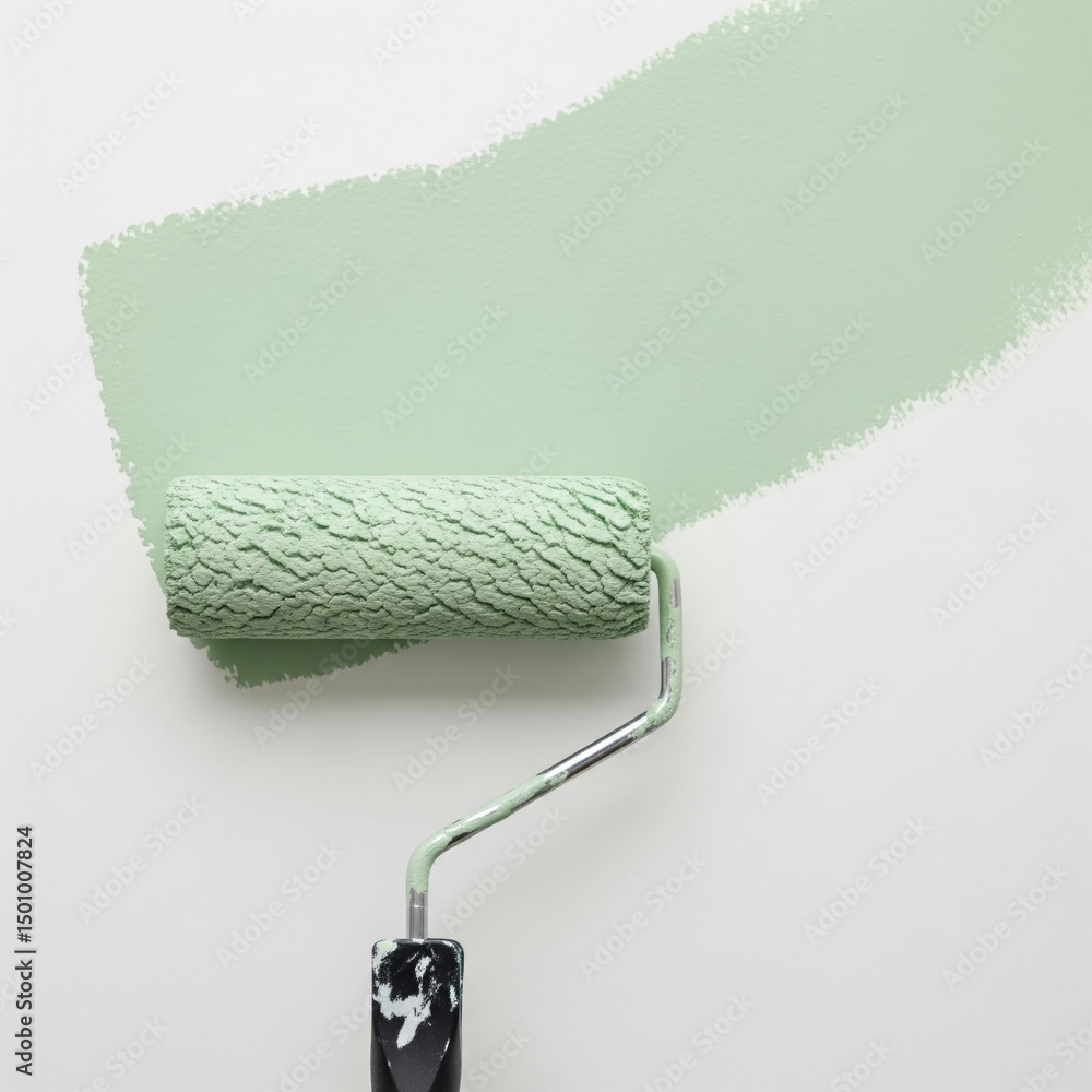 Obraz premium Green paint roller. A closeup view of a paint roller applying pale green paint to a white wall
