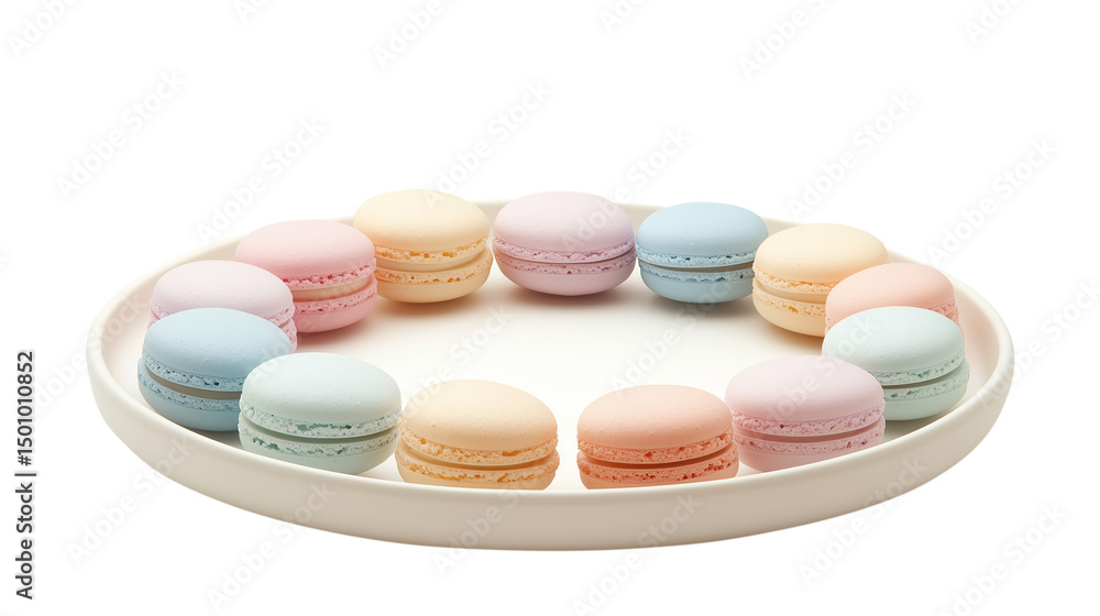Fototapeta premium Plate of pastel colorful macarons arranged in circle