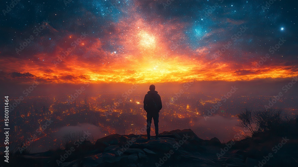Fototapeta premium Contemplation Person atop peak overlooking radiant cityscape under a cosmic sky