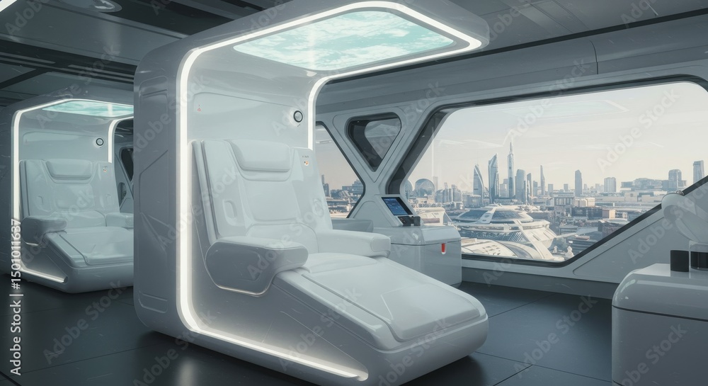 Serene Space Capsule Relaxation Room Interior - Futuristic relaxation space, white capsule pods, city view, tranquility, rejuvenation. Symbolizing peace, comfort, innovation, escape, and future Serene Space Capsule Relaxation Room Interior - Futuristic relaxation space, white capsule pods, city view, tranquility, rejuvenation. Symbolizing peace, comfort, innovation, escape, and future
