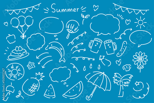 手書き風の可愛い夏素材と吹き出しのセット
