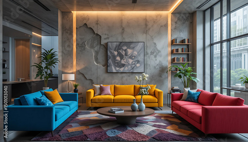 Modern artistic living room interior, featuring an eclectic mix of bright-colored sofas, concrete texture wall with embedded lighting, designer coffee table, and wall-mounted bookshelves.