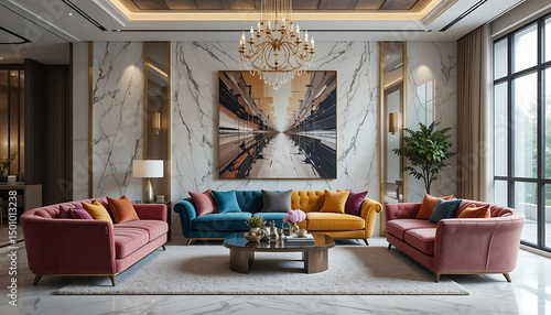Luxury modern living space, colorful velvet sofas, marble textured wall with gold accents, large abstract painting, and contemporary chandelier lighting.

