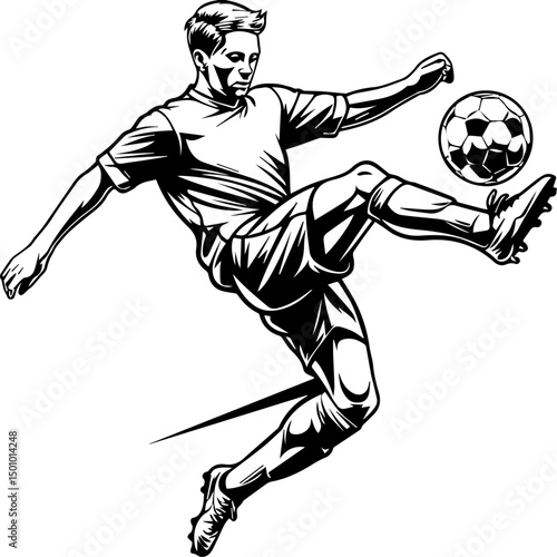 Dynamic black and white illustration of a male soccer player mid-air, executing a powerful kick with motion lines accentuating speed and energy, isolated on a white background.