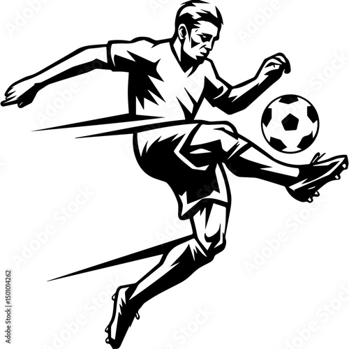 Dynamic black and white illustration of a male soccer player mid-air, executing a powerful kick with motion lines accentuating speed and energy, isolated on a white background.