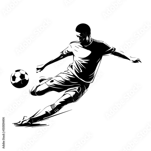 Dynamic black and white illustration of a male soccer player mid-air, executing a powerful kick with motion lines accentuating speed and energy, isolated on a white background.