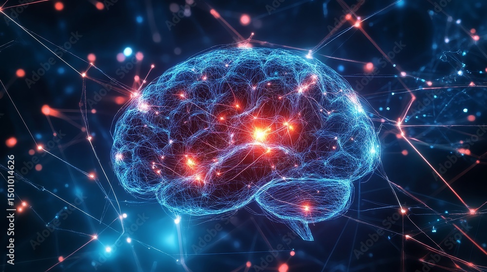 Hyper-realistic digital illustration of a human brain with highlighted sections for vision, memory, and perception. Hyper-realistic digital illustration of a human brain with highlighted sections for vision, memory, and perception.
