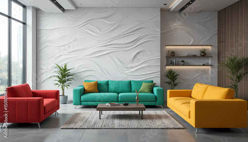 Minimal modern living room mockup, vivid block-colored sofas (red, green, blue, yellow), wave-textured feature wall in white, concrete floor, LED underlighting, and floating shelves.

