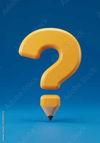 3D Render Question Mark Icon with Pencil Base Against a Blue Background Illustration