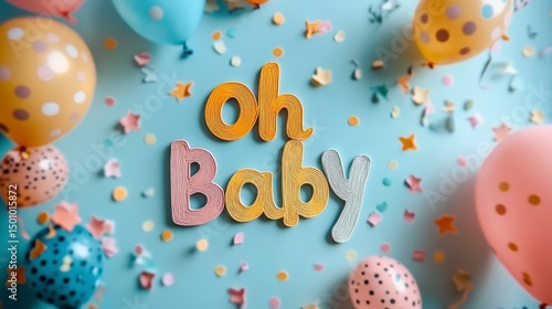 Celebration. Colorful balloons and confetti surround the phrase 