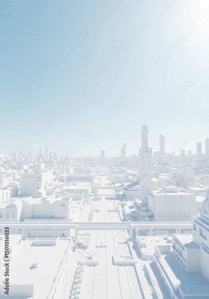 Obraz premium 3D Rendered White Cityscape with Geometric Buildings under Bright Blue Sky