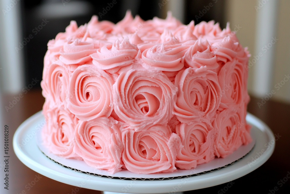 Frosting a cake with beautiful pink roses in a gourmet kitchen Frosting a cake with beautiful pink roses in a gourmet kitchen