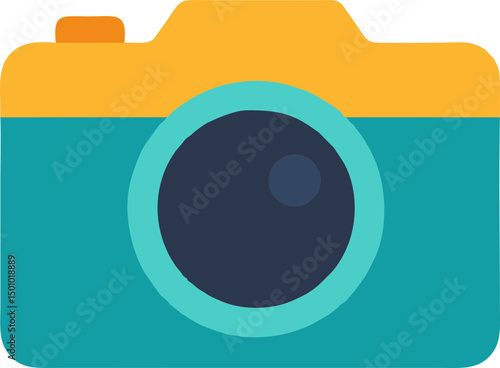Retro Camera Flat Vector Icon for Photography Apps, Vintage-Themed Mobile Games, and Travel Journals in Teal, Yellow, and Navy Minimal Palette