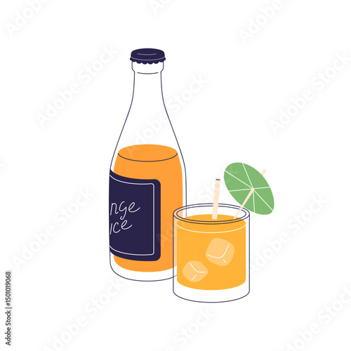 Orange juice in bottle and glass. Cold citrus fruit drink with ice cubes, straw and umbrella decoration. Sweet summer beverage, refreshment. Flat vector illustration isolated on white background