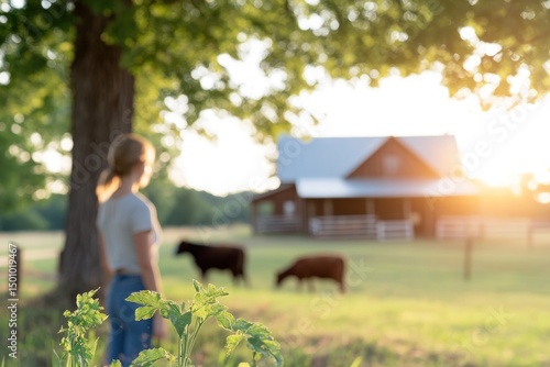 Woman observing cows and farmhouse at sunset in serene rural landscape