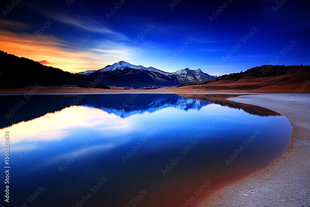 Fototapeta premium Beautiful lake reflecting clouds and mountains during sunset with soft hues and serene atmosphere