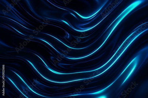 Ultra-glossy liquid metal design, abstract digital silk folds in navy blue and electric cyan, soft neon light overlays, fluid aesthetic with surreal reflections, futuristic art