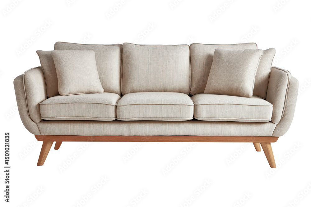 Modern Minimal 3-Seater Sofa in Beige Fabric with Wooden Legs — Isolated on Transparent Background Modern Minimal 3-Seater Sofa in Beige Fabric with Wooden Legs — Isolated on Transparent Background