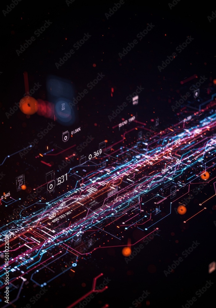 Obraz premium Abstract Digital Network With Circuit Board Lines And Blue And Red Lights