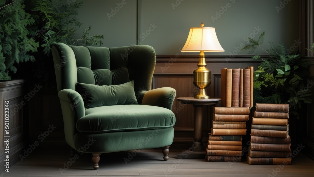 Fototapeta premium Elegant Green Armchair Beside a Lamp on Books