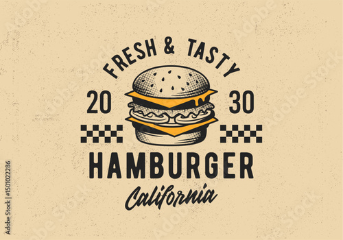 Hamburger retro logo. Burger emblem with grunge texture. Retro design for fast food, cafe and restaurant menu. Vector illustration