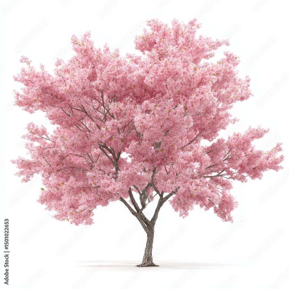 Fototapeta premium Blooming Pink Cherry Blossom Tree Isolated on White Background Spring Nature Image