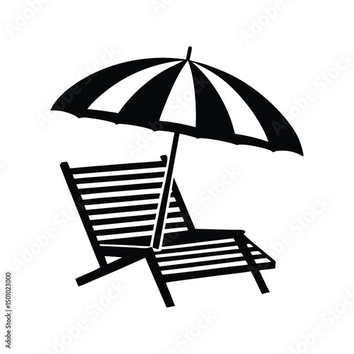 Beach chair with umbrella behind angle view, beach umbrella and chair