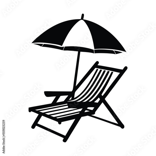Beach chair with umbrella behind angle view, beach umbrella and chair