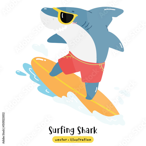 Cute Shark surfing on surfboard with ocean wave vector illustration