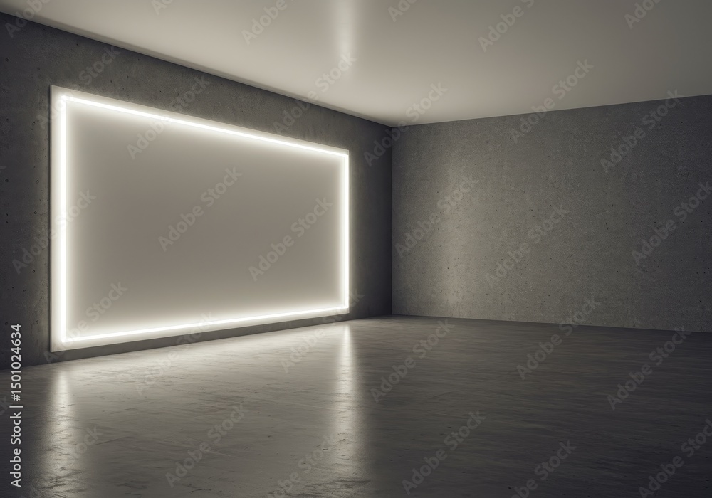 Fototapeta premium Abstract Minimalist Room With Neon Light Frame And Concrete Texture
