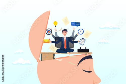 Frustrated businessman working hard on his busy head, work anxiety, stress or burnout, exhausted job or overload tired, job fatigue from overworked, depression and mental health concept, overwhelmed