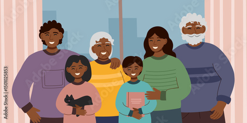 Big family illustration background. Grandparents, young parents, children and pet. Family and generations concept. Vector hand drawn banner in flat style.