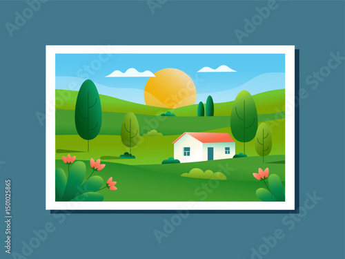 Picture of landscaped nature background. Ecological farm house. Vector illustration clipart. Gradient banner.