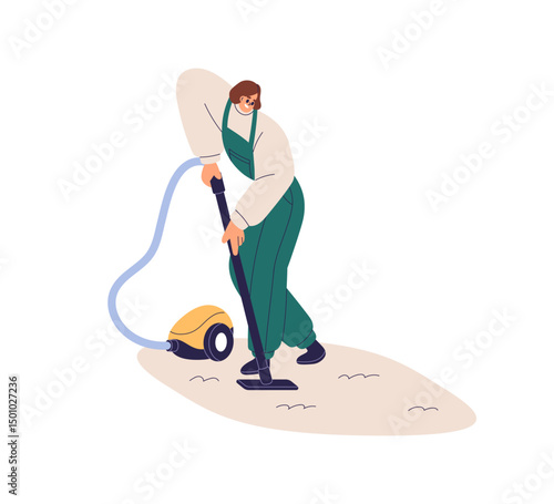 Housework with vacuum cleaner. Woman from cleaning service, doing cleanup, housekeeping work with appliance for clean carpet, rug, floor mat. Flat vector illustration isolated on white background
