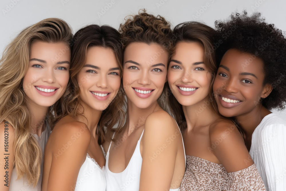 Obraz premium young beautiful female group standing together on white background