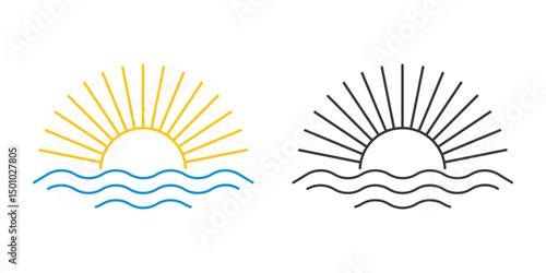 Sunrise icon color and black version. Sun and waves logo or emblem. Simple outline, vector element