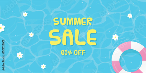 Bright summer sale banner with lifebuoy and floral elements