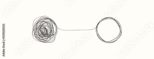 Chaotically tangled line and untied knot in form of circle. Psychotherapy concept of solving problems is easy. eps 10