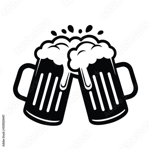 a black and white drawing of a glass of beer, Isolated Black Beer Mug with Frothy Head