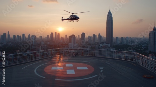 Helicopter landing at sunset on city rooftop helipad aviation transportation