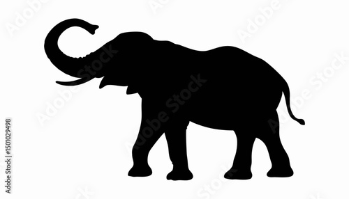 A majestic elephant silhouette, large and wild, isolated on white with trunk and tusk, a symbol of nature's big mammals