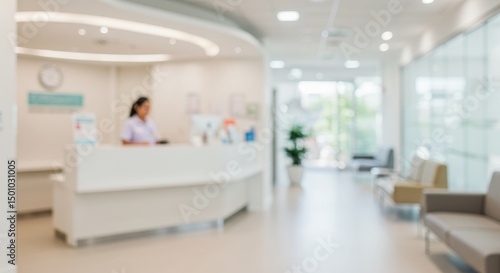Blurred Interior Of Hospital Reception With Receptionist In Focus Photo
