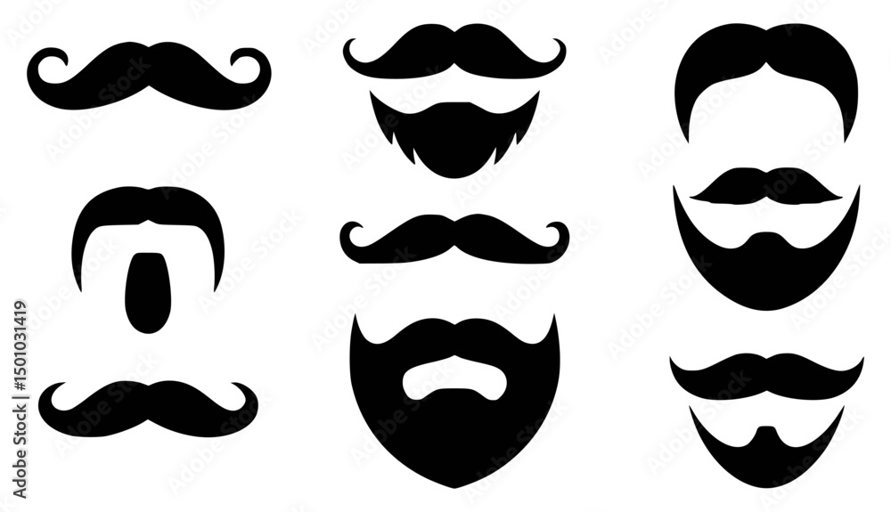 Vector collection of stylish black mustache and beard designs on white background Vector collection of stylish black mustache and beard designs on white background