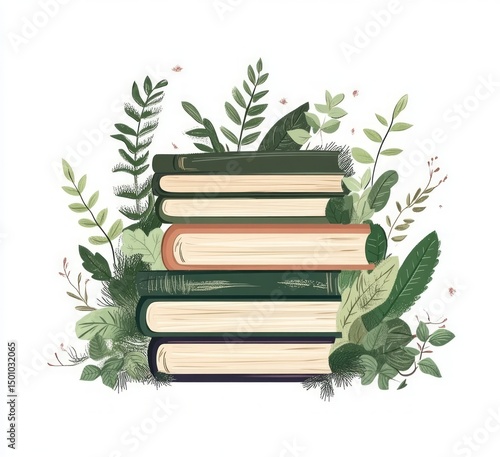 Stack of Vintage Books Surrounded by Lush Green Foliage